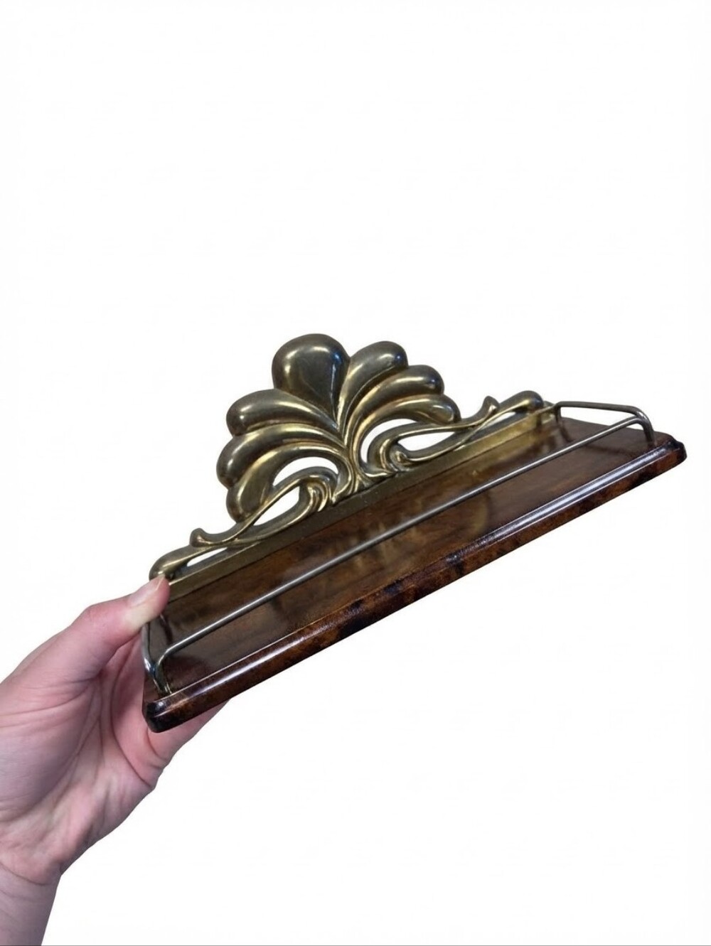 Vintage Art Deco Burled Wood & Brass Wall Mail / Letter Holder Rack